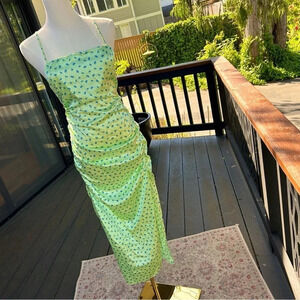 Zara Cottagecore Strappy Satin Side Ruched Green & Blue Ditsy Floral Maxi Dress